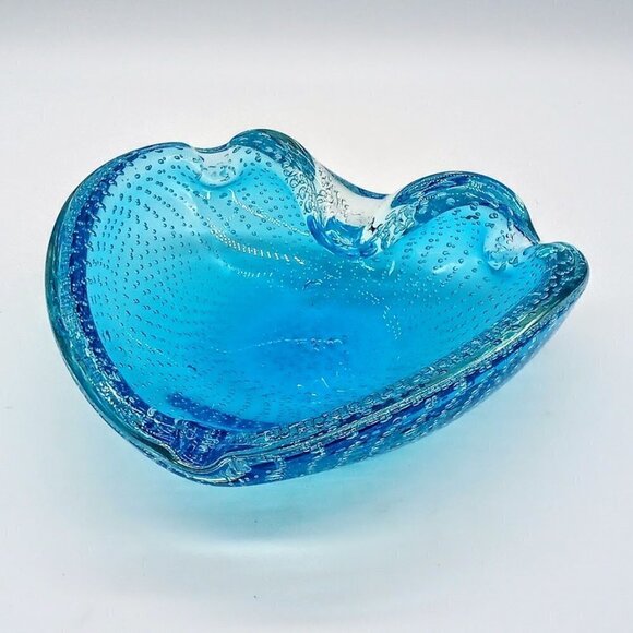 Murano Blue Controlled Bubble Glass Ashtray - Picture 3 of 6